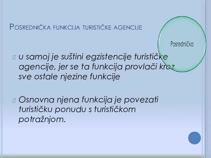 Posrednička funkcija turističke agencije u samoj je suštini egzistencije turističke agencije,