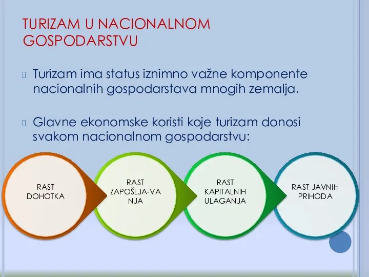 TURIZAM U NACIONALNOM GOSPODARSTVU Turizam ima status iznimno važne komponente nacionalnih