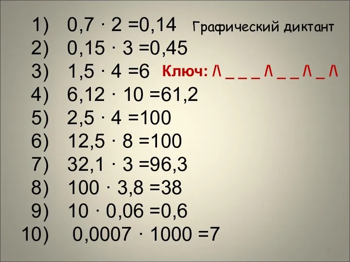 Графический диктант 0,7 · 2 =0,14 0,15 · 3 =0,45 1,5
