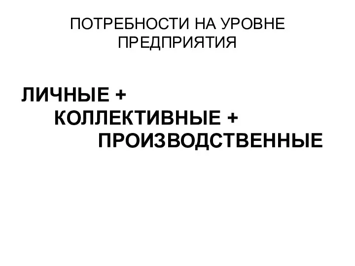 ПОТРЕБНОСТИ НА УРОВНЕ ПРЕДПРИЯТИЯ ЛИЧНЫЕ + КОЛЛЕКТИВНЫЕ + ПРОИЗВОДСТВЕННЫЕ