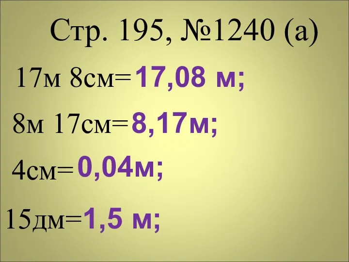 Стр. 195, №1240 (а) 17м 8см= 8м 17см= 4см= 15дм= 17,08 м; 8,17м; 0,04м; 1,5 м;