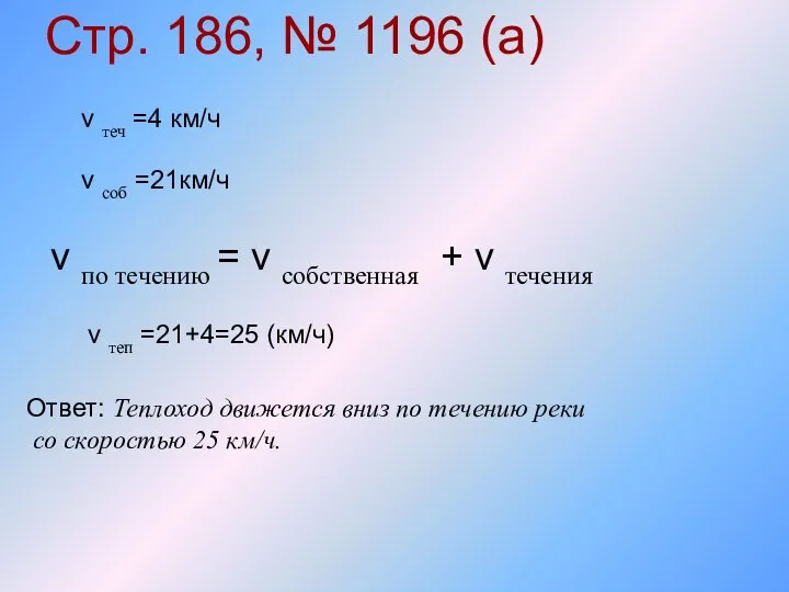 Стр. 186, № 1196 (а) v по течению = v собственная