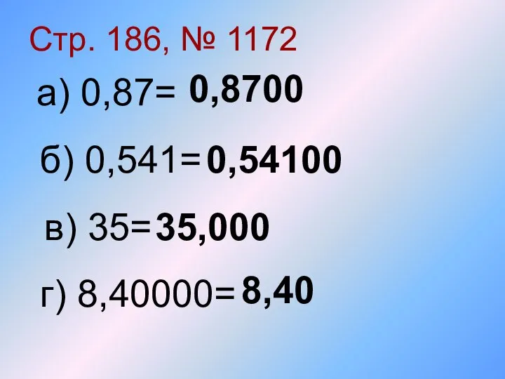 Стр. 186, № 1172 а) 0,87= в) 35= б) 0,541= г) 8,40000= 0,8700 0,54100 35,000 8,40