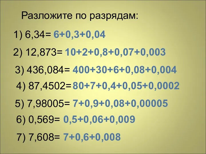 Разложите по разрядам: 1) 6,34= 2) 12,873= 3) 436,084= 4) 87,4502=