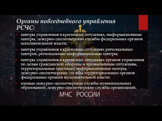 Органы повседневного управления РСЧС: центры управления в кризисных ситуациях, информационные центры,