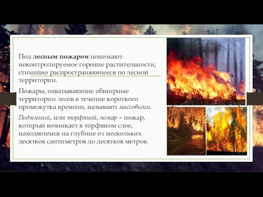 Под лесным пожаром понимают неконтролируемое горение растительности, стихийно распространяющееся по лесной