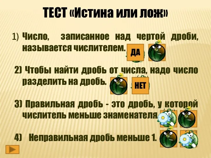 ТЕСТ «Истина или лож» Число, записанное над чертой дроби, называется числителем.