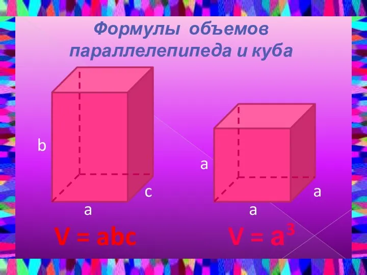 Формулы объемов параллелепипеда и куба V = abc V = а3