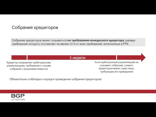 Собрание кредиторов Собрание кредиторов может созываться по требованию конкурсного кредитора, размер