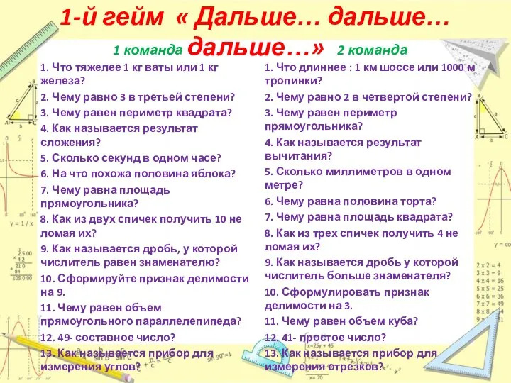 1-й гейм « Дальше… дальше… дальше…» 1 команда 1. Что тяжелее