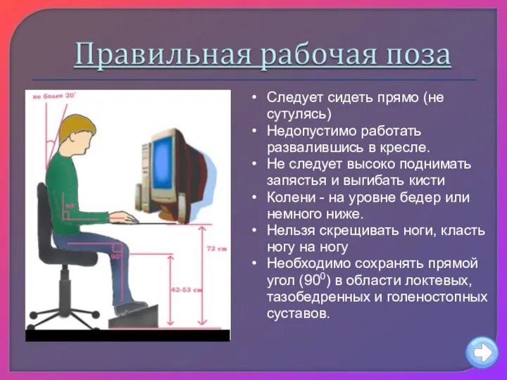 Следует сидеть прямо (не сутулясь) Недопустимо работать развалившись в кресле. Не