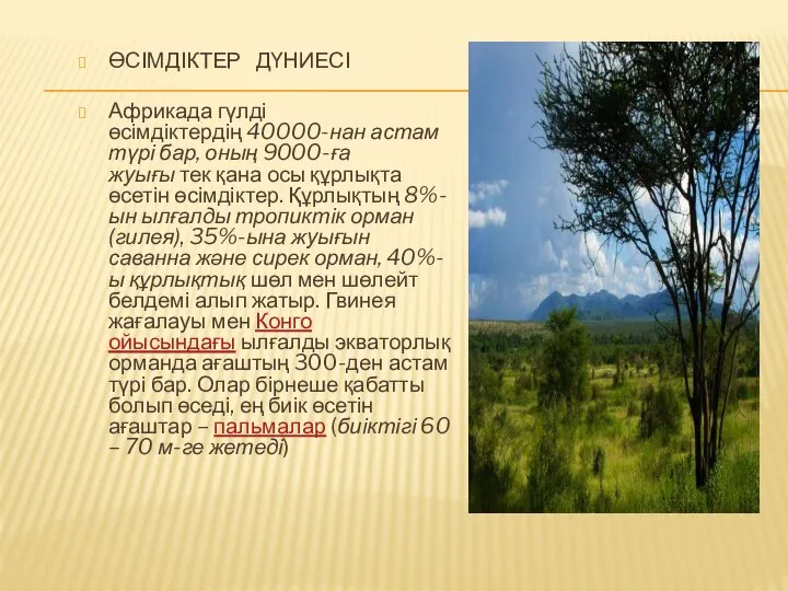 ӨСІМДІКТЕР ДҮНИЕСІ Африкада гүлді өсімдіктердің 40000-нан астам түрі бар, оның 9000-ға