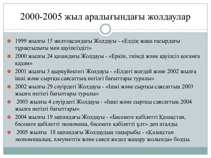 2000-2005 жыл аралығындағы жолдаулар 1999 жылғы 15 желтоқсандағы Жолдауы - «Елдің