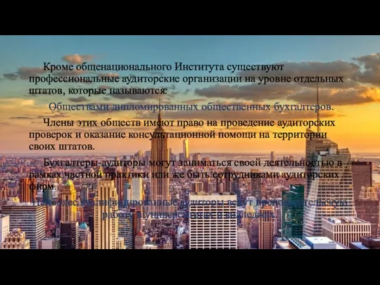 Кроме общенационального Института существуют профессиональные аудиторские организации на уровне отдельных штатов,