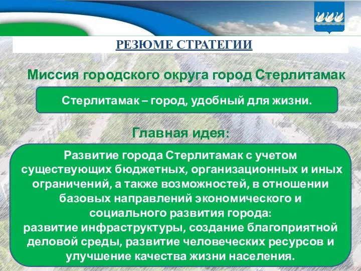 РЕЗЮМЕ СТРАТЕГИИ Миссия городского округа город Стерлитамак РБ: Стерлитамак – город,