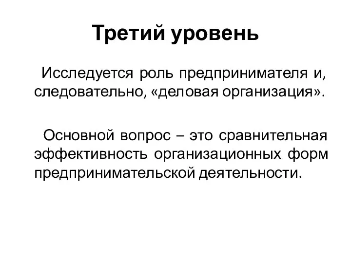 Третий уровень Исследуется роль предпринимателя и, следовательно, «деловая организация». Основной вопрос