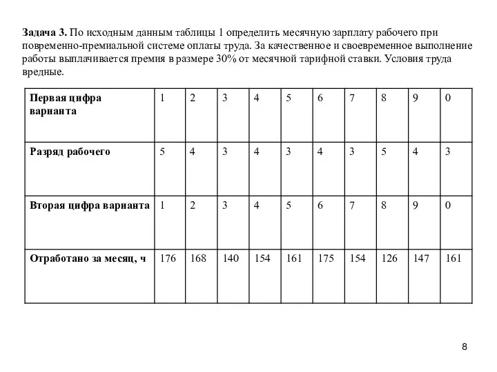 Задача 3. По исходным данным таблицы 1 определить месячную зарплату рабочего