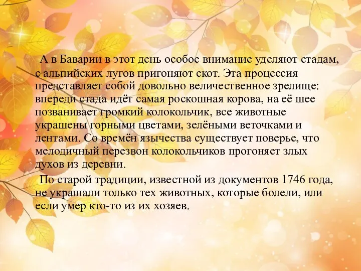 А в Баварии в этот день особое внимание уделяют стадам, с