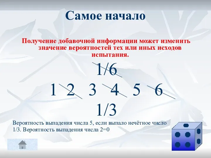 Самое начало Получение добавочной информации может изменить значение вероятностей тех или