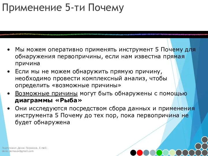 Применение 5-ти Почему Подготовил: Денис Парносов. E-mail: denis.parnosov@gmail.com Мы можем оперативно