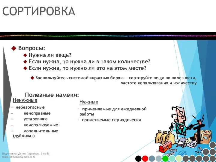 Подготовил: Денис Парносов. E-mail: denis.parnosov@gmail.com СОРТИРОВКА Вопросы: Нужна ли вещь? Если