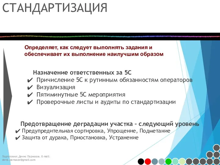 Подготовил: Денис Парносов. E-mail: denis.parnosov@gmail.com СТАНДАРТИЗАЦИЯ Определяет, как следует выполнять задания