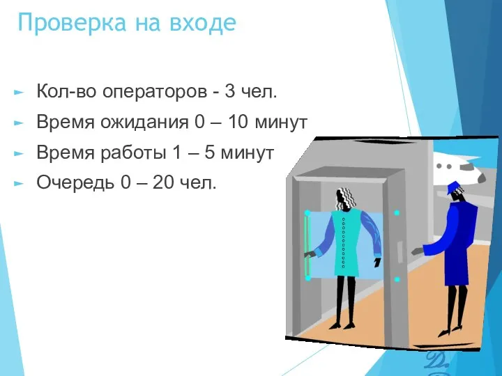 Проверка на входе Кол-во операторов - 3 чел. Время ожидания 0