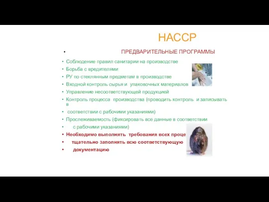 НАССР ПРЕДВАРИТЕЛЬНЫЕ ПРОГРАММЫ Соблюдение правил санитарии на производстве Борьба с вредителями