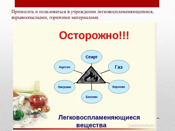 Приносить и пользоваться в учреждении легковоспламеняющимися, взрывоопасными, горючими материалами.