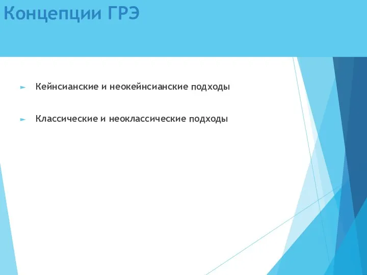 Концепции ГРЭ Кейнсианские и неокейнсианские подходы Классические и неоклассические подходы