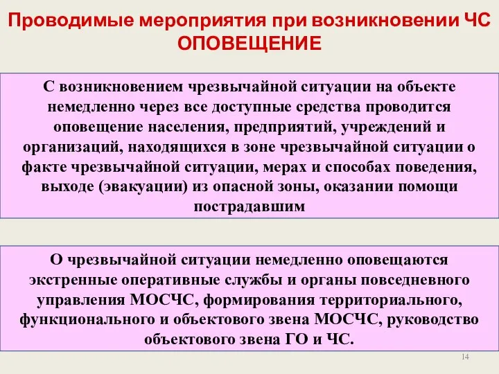 Проводимые мероприятия при возникновении ЧС ОПОВЕЩЕНИЕ С возникновением чрезвычайной ситуации на