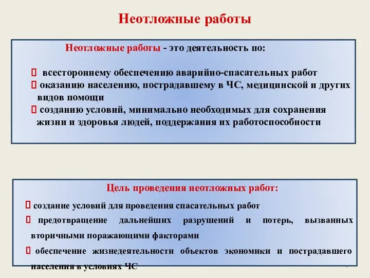 Неотложные работы Неотложные работы - это деятельность по: всестороннему обеспечению аварийно-спасательных