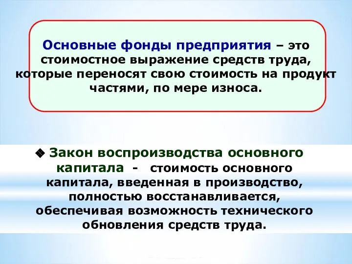 Закон воспроизводства основного капитала - стоимость основного капитала, введенная в производство,