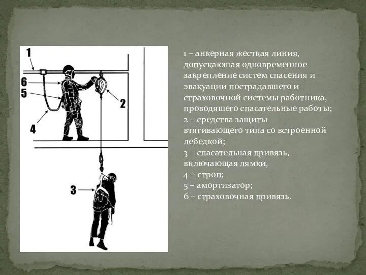 1 – анкерная жесткая линия, допускающая одновременное закрепление систем спасения и