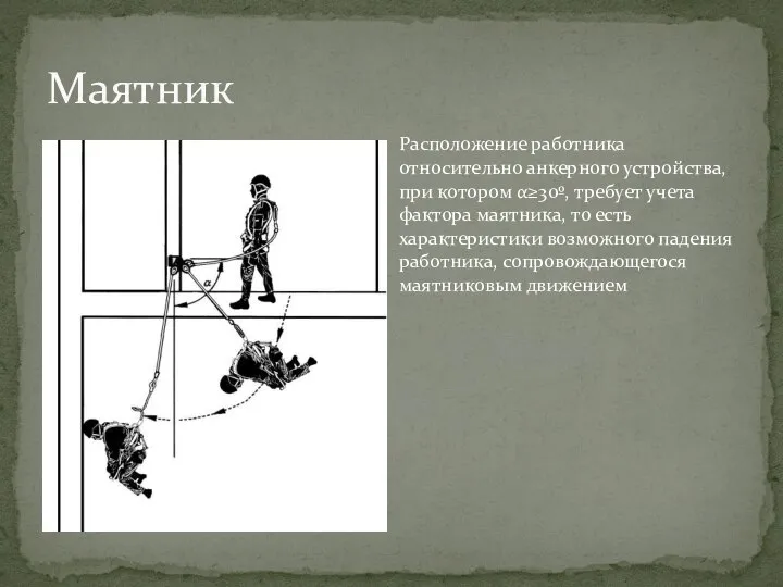 Маятник Расположение работника относительно анкерного устройства, при котором α≥30º, требует учета