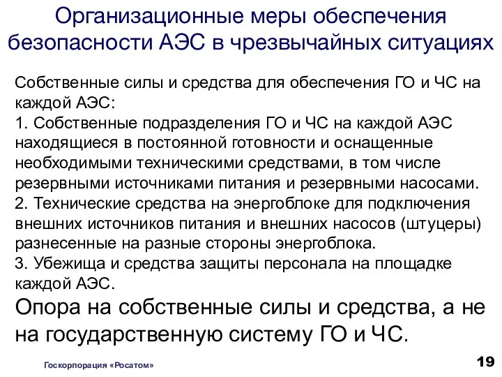 Организационные меры обеспечения безопасности АЭС в чрезвычайных ситуациях Собственные силы и