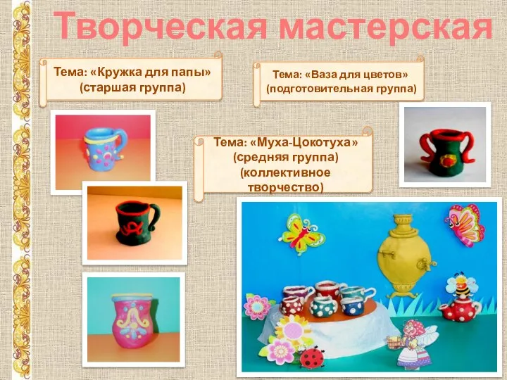 Творческая мастерская Тема: «Муха-Цокотуха» (средняя группа) (коллективное творчество) Тема: «Кружка для