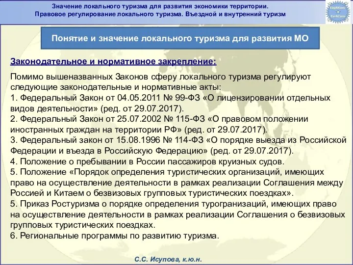 Законодательное и нормативное закрепление: Помимо вышеназванных Законов сферу локального туризма регулируют