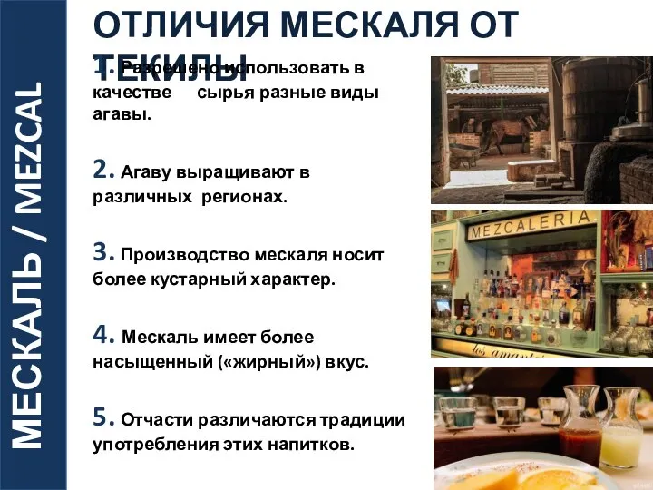 МЕСКАЛЬ / MEZCAL ОТЛИЧИЯ МЕСКАЛЯ ОТ ТЕКИЛЫ 1. Разрешено использовать в