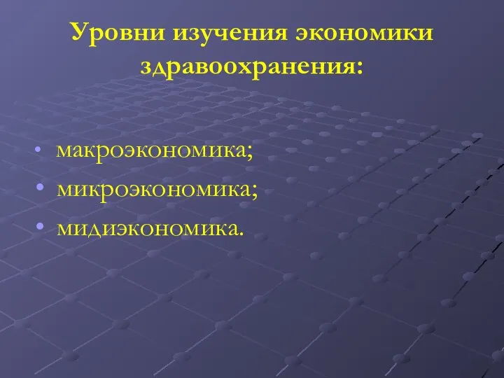 Уровни изучения экономики здравоохранения: макроэкономика; микроэкономика; мидиэкономика.