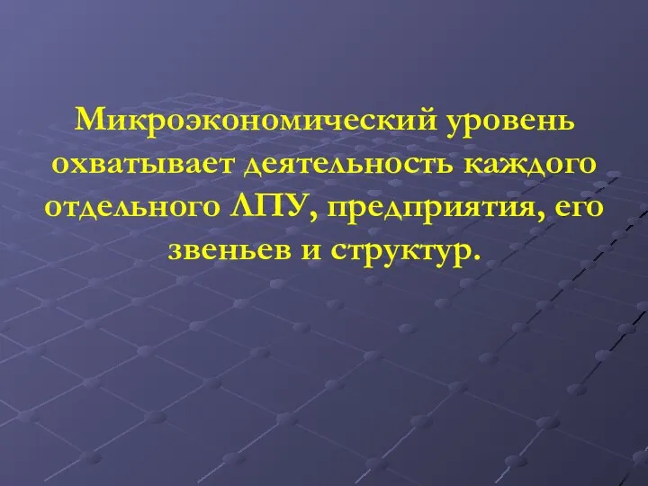 Микроэкономический уровень охватывает деятельность каждого отдельного ЛПУ, предприятия, его звеньев и структур.