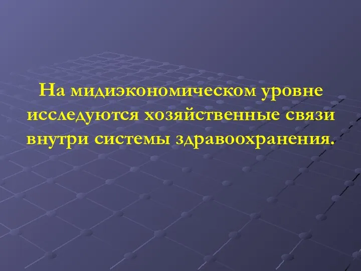 На мидиэкономическом уровне исследуются хозяйственные связи внутри системы здравоохранения.