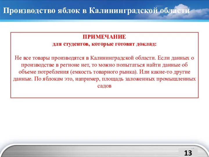 Производство яблок в Калининградской области ПРИМЕЧАНИЕ для студентов, которые готовят доклад: