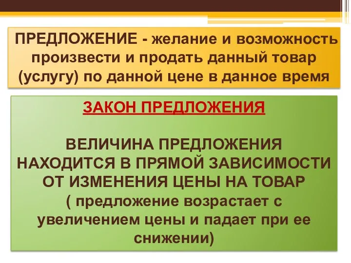 ПРЕДЛОЖЕНИЕ - желание и возможность произвести и продать данный товар (услугу)