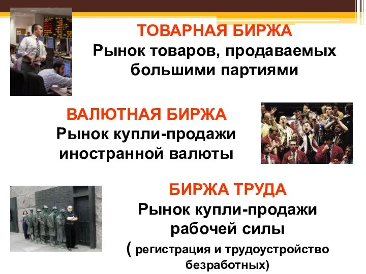 ТОВАРНАЯ БИРЖА Рынок товаров, продаваемых большими партиями ВАЛЮТНАЯ БИРЖА Рынок купли-продажи