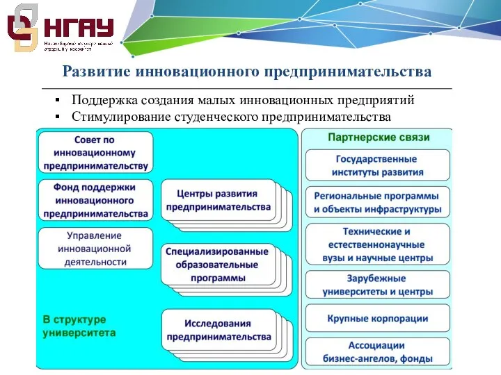 Развитие инновационного предпринимательства Поддержка создания малых инновационных предприятий Стимулирование студенческого предпринимательства