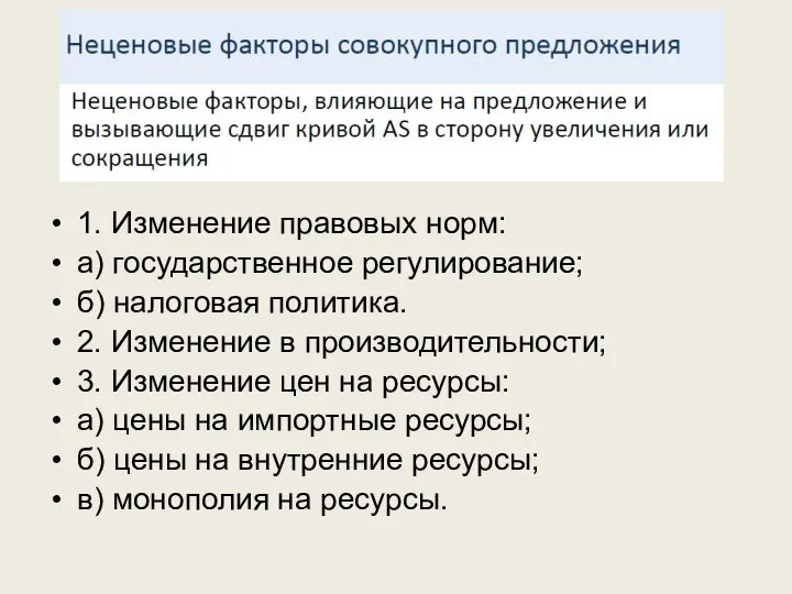 1. Изменение правовых норм: а) государственное регулирование; б) налоговая политика. 2.