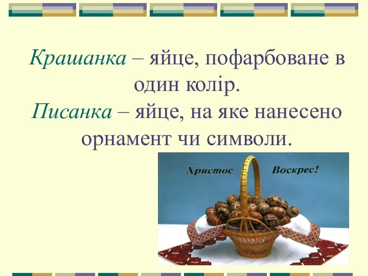 Крашанка – яйце, пофарбоване в один колір. Писанка – яйце, на яке нанесено орнамент чи символи.