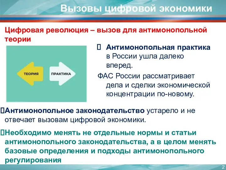 Вызовы цифровой экономики Цифровая революция – вызов для антимонопольной теории Антимонопольная