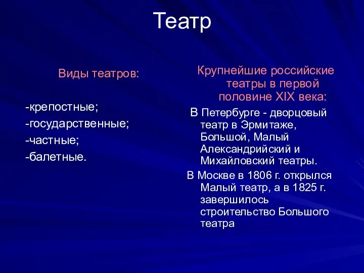 Театр Виды театров: -крепостные; -государственные; -частные; -балетные. Крупнейшие российские театры в